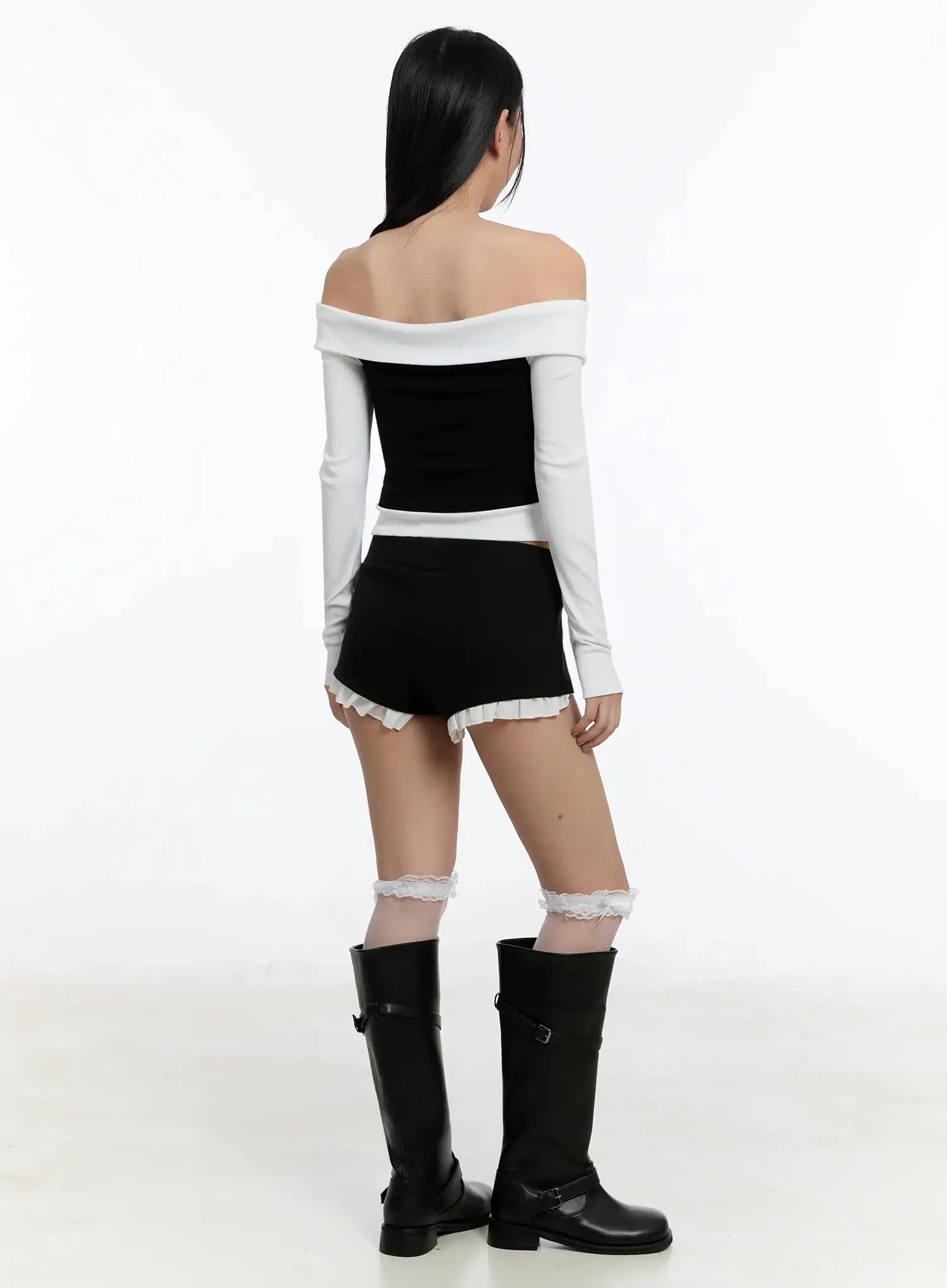 Ribbon-Tie Collared Off-Shoulder Top IM509