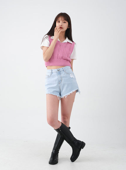 Distressed Raw Hem Denim Shorts CA27