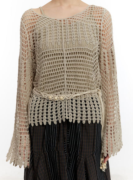 Mesh Knit Sweater with Belt and Tank Top CA508