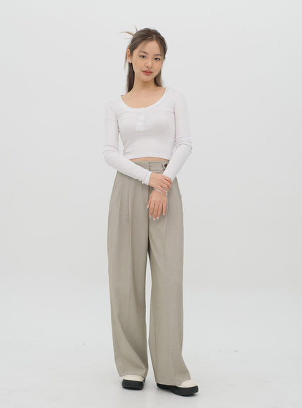 Scoop Neck Long Sleeve T Shirt with Front Buttons CM2