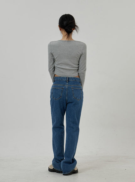 Button Neck Long Sleeve Cropped Top CD21