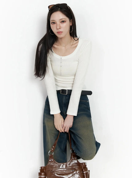 Simple Ribbed Round Neck Top IF502