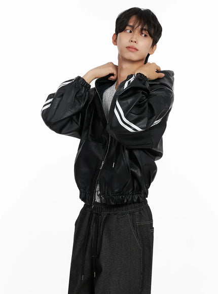 Men's Faux Leather Track Hooded Jacket IO516