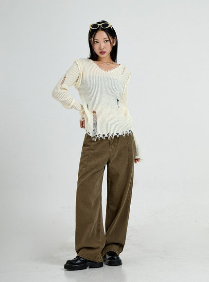 Ripped V-Neck Knit Top CO13