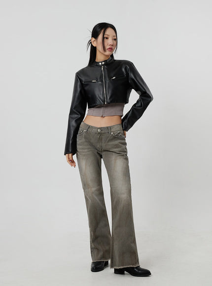Faux Leather Cropped Zip-Up Jacket CF301