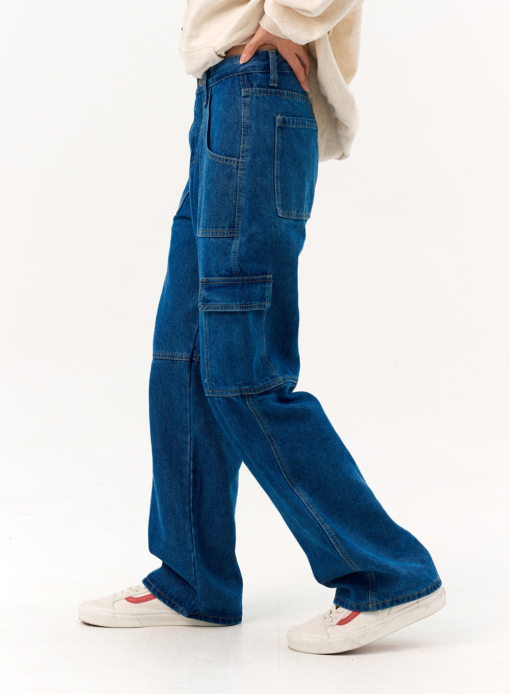 32cm Loose Cotton Denim Cargo Jeans