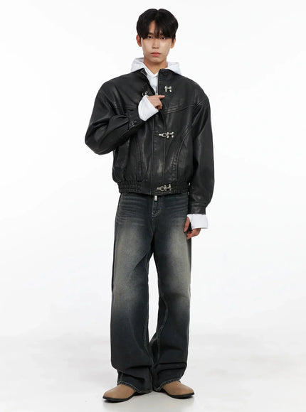 Men's Faux Leather Toggle Buckle Jacket IO517