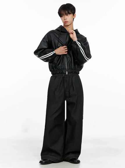 Men's Faux Leather Track Hooded Jacket IO516