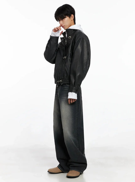 Men's Faux Leather Toggle Buckle Jacket IO517