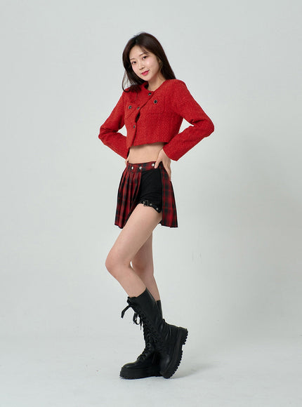 Layered Plaid Pleated Mini Skirt And Short Pants BN22