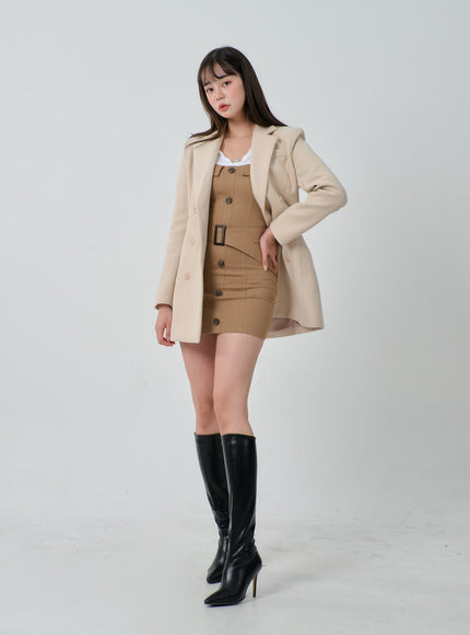 Layered V-Neck Button Belt Mini Dress ID29