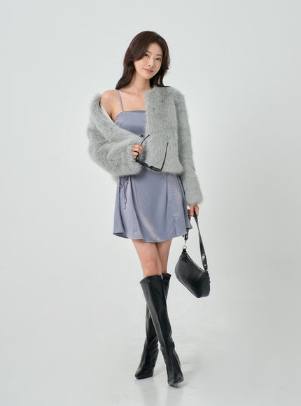 Silky Satin Cross Waist Tie Thin Strap Mini Dress IO27