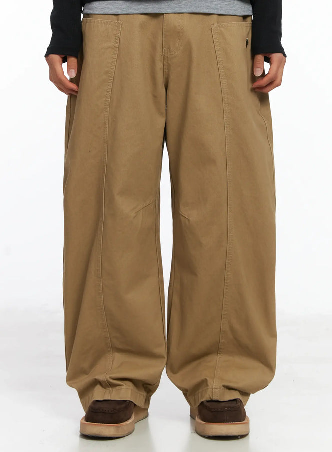 mens-heart-embroidered-big-pocket-wide-leg-pants-ij514 / Beige