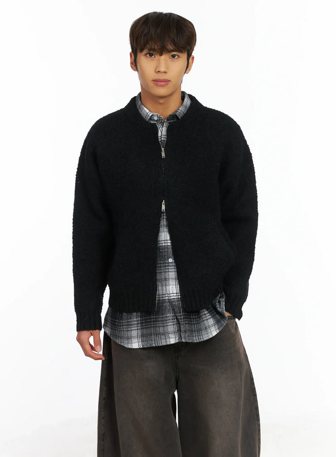 mens-boucle-zip-up-cardigan-ij514 / Black