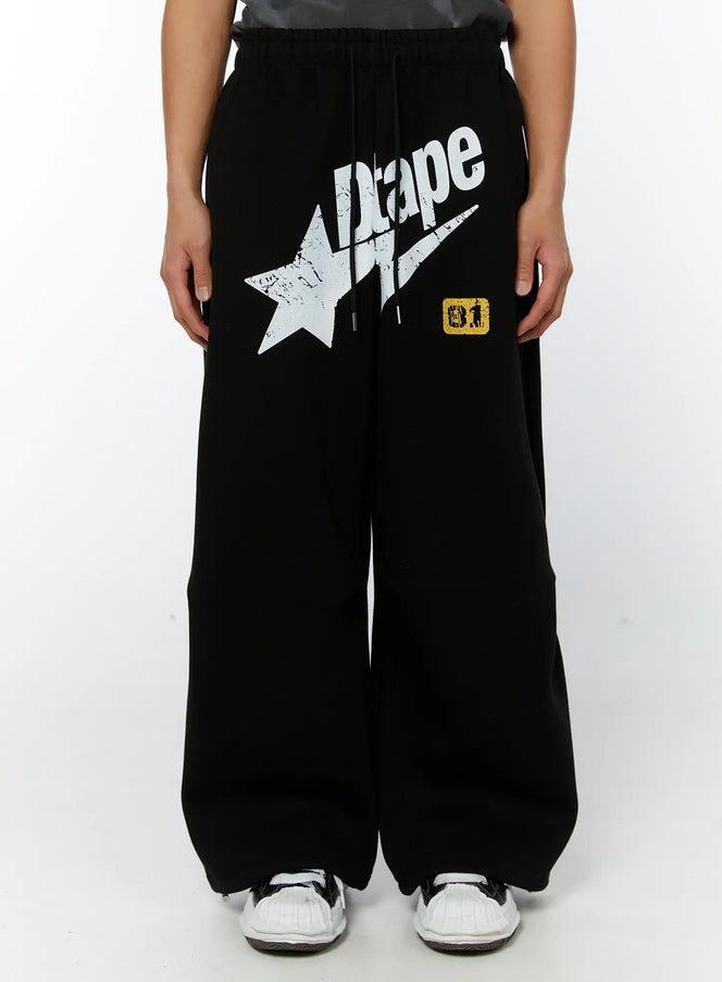 mens-graphic-parachute-string-sweatpants-black-iy513 / Black