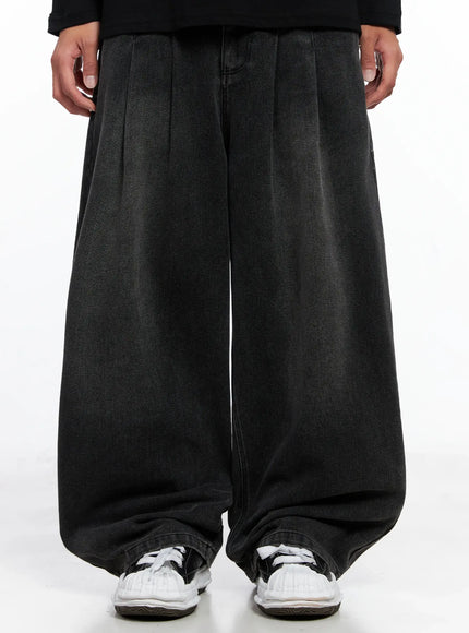 mens-wide-leg-two-tuck-denim-jeans-io502 / Black
