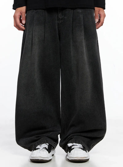 mens-wide-leg-two-tuck-denim-jeans-io502 / Black