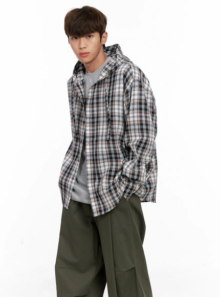 mens-hooded-plaid-shirt-io506 / Black