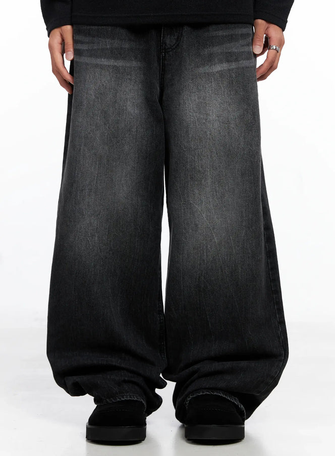 mens-wide-leg-washed-jeans-io502 / Black