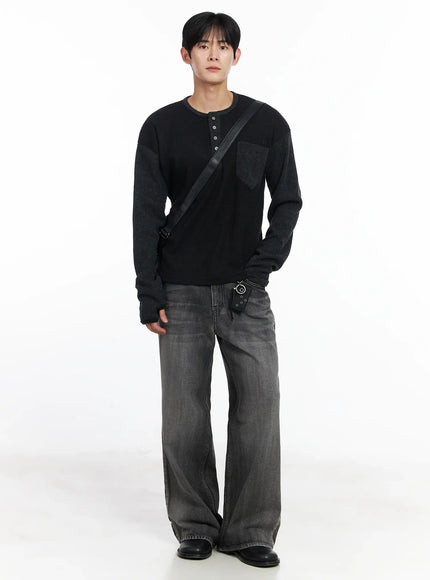 mens-two-toned-wool-knit-long-sleeve-top-ij521 / Black