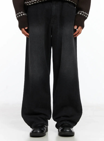 mens-straight-semi-wide-fleece-jeans-black-ij514 / Black