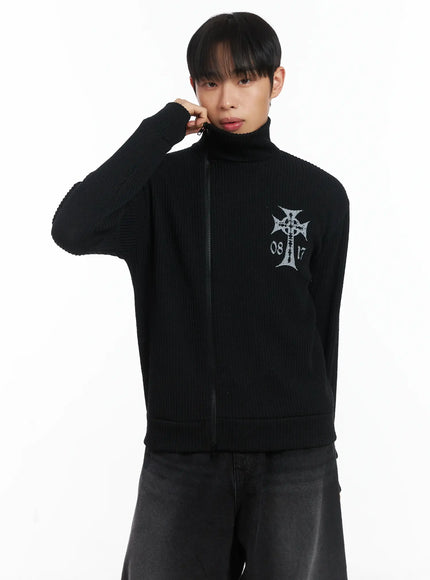 cross-print-high-neck-zip-up-cardigan-id515 / Black