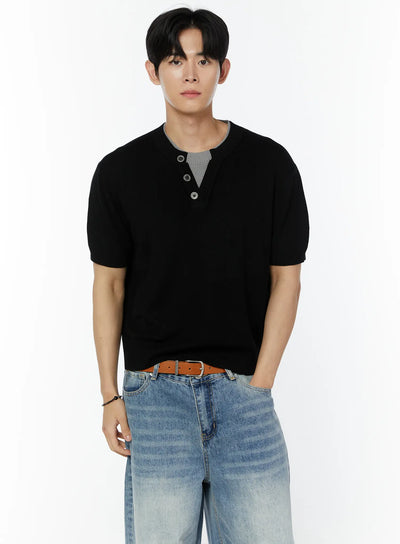 mens-layered-henley-neck-short-sleeve-knit-iu504 / Black