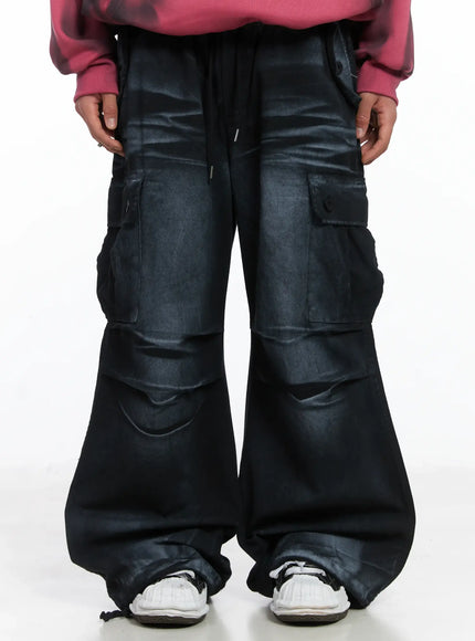 mens-spray-wash-wide-leg-cargo-pants-ij512 / Black
