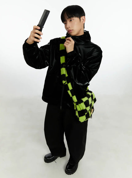 mens-high-end-glossy-double-zipper-zip-up-hoodie-if511 / Black