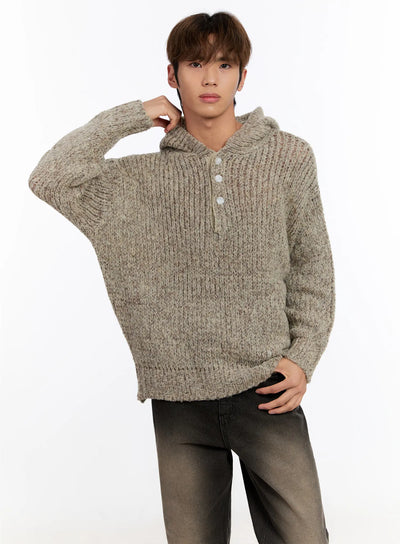 mens-hooded-henley-knit-sweater-in528 / Dark beige