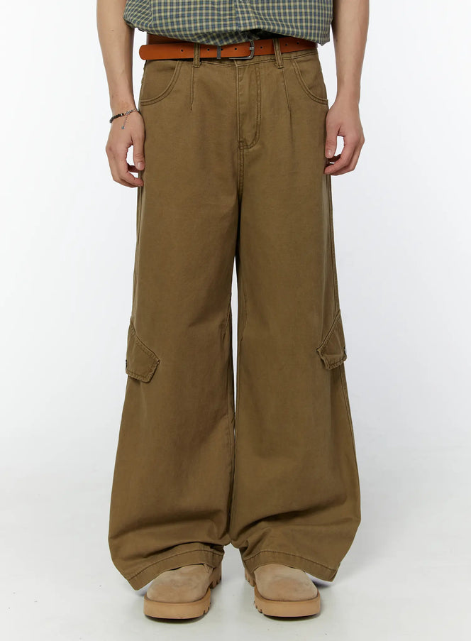 mens-vintage-washed-cargo-pants-dark-beige-iu504 / Dark beige