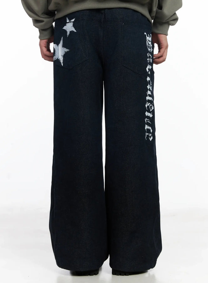 mens-street-style-lettered-wide-jeans-ij521 / Dark blue