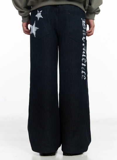 mens-street-style-lettered-wide-jeans-ij521 / Dark blue