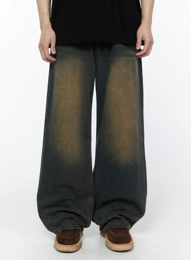 mens-retro-washed-wide-leg-jeans-ia527 / Dark blue
