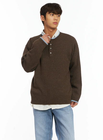 mens-contrast-henley-knit-ij514 / Dark brown
