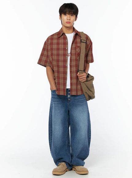 mens-classic-check-short-sleeve-shirt-iy529 / Dark red
