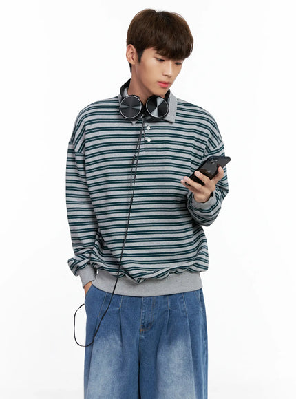 mens-striped-collared-sweatshirt-io502 / Gray