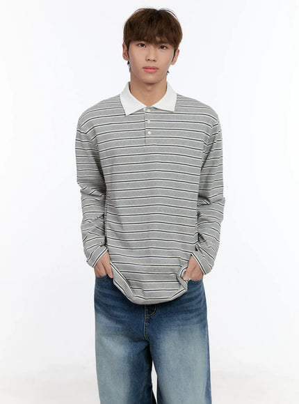 mens-striped-polo-long-sleeve-tee-in512 / Gray