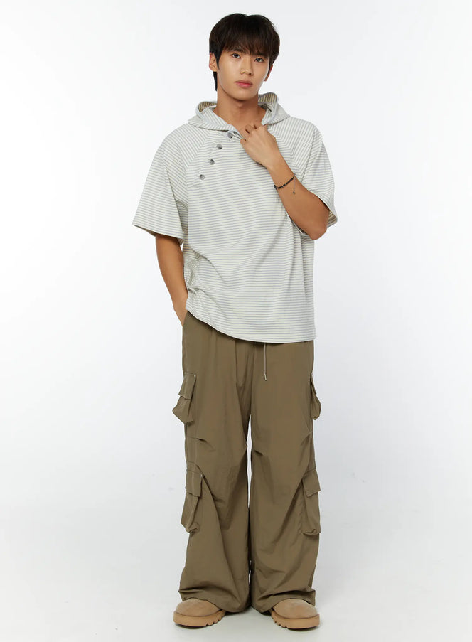 mens-striped-asymmetric-button-hooded-t-shirt-iy508 / Light beige