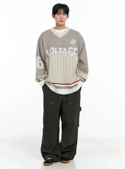 mens-sporty-v-neck-knit-sweater-ij521 / Light beige