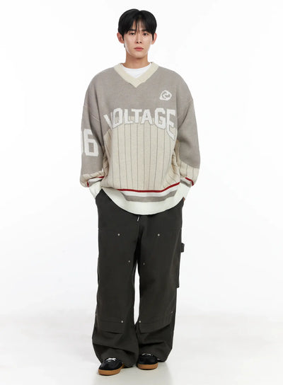 mens-sporty-v-neck-knit-sweater-ij521 / Light beige