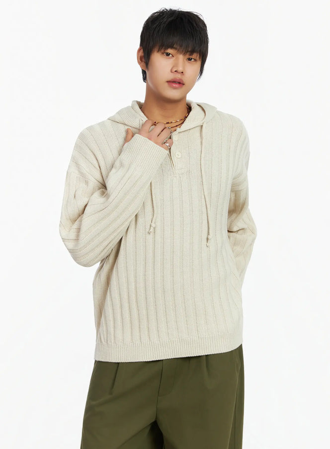 mens-ribbed-knit-thumbhole-hoodie-ij527 / Light beige