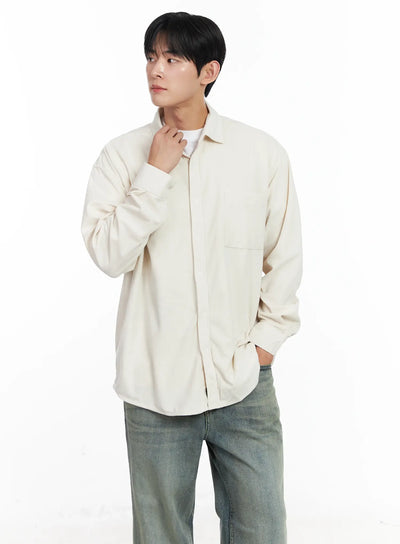 mens-simple-suede-button-up-shirt-ij521 / Light beige