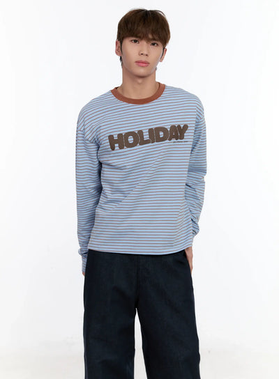 mens-striped-lettering-long-sleeve-tee-in512 / Light blue