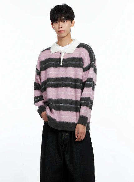 mens-striped-knit-sweater-light-pink-is519 / Light pink