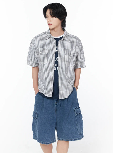 mens-pocket-checkered-short-sleeve-shirt-iy519 / White