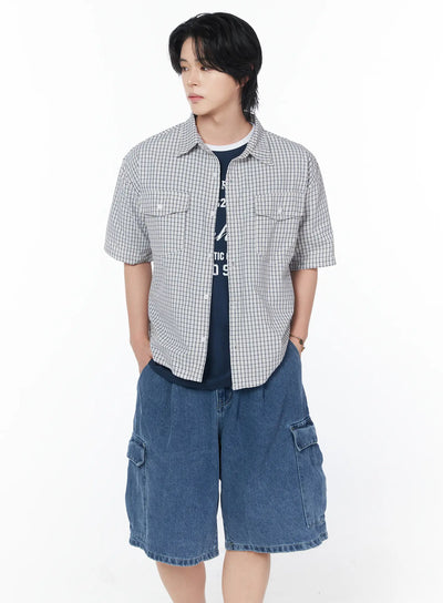 mens-pocket-checkered-short-sleeve-shirt-iy519 / White