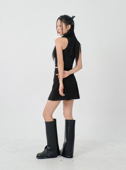 Folded Waist Two Buckle Pleated Mini Skirt BD23