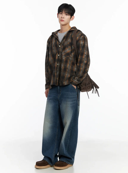 mens-dark-wash-plaid-hooded-flannel-if516 / Beige