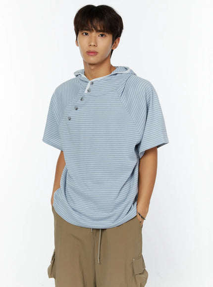 mens-striped-asymmetric-button-hooded-t-shirt-iy508 / Light blue